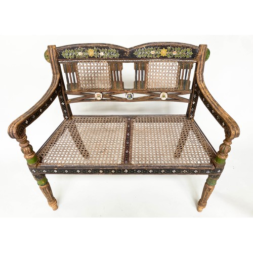 122 - RAJASTHAN BENCH, 19th century North Indian hand painted and cane panelled, 98cm W.