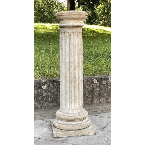 231 - GARDEN COLUMN, well weathered reconstituted stone fluted cylindrical column and square base, 109cm H... 