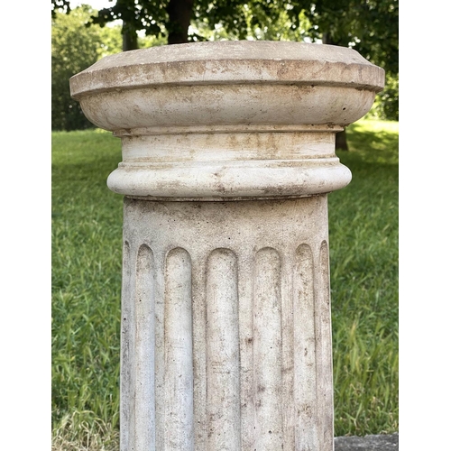 231 - GARDEN COLUMN, well weathered reconstituted stone fluted cylindrical column and square base, 109cm H... 