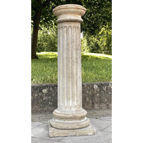 231 - GARDEN COLUMN, well weathered reconstituted stone fluted cylindrical column and square base, 109cm H... 