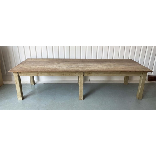 232 - WORK ROOM TABLE, 20th century broad plank mahogany above six square section supports, 307cm x 107cm ... 