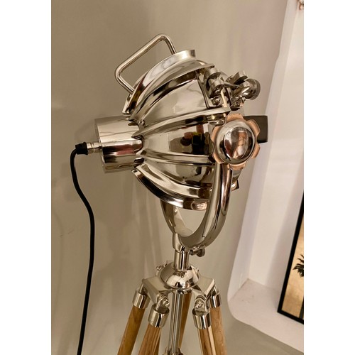 341 - STUDIO FLOOR LAMP, vintage design, chrome finish, raised on an ash tripod base, 155cm H.