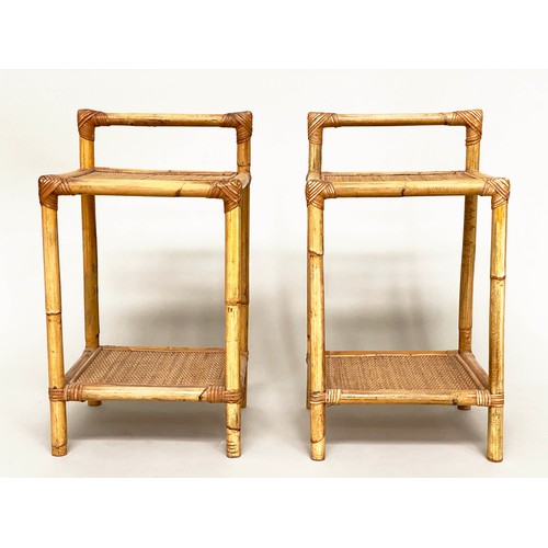 88 - BAMBOO LAMP TABLES, a pair, bamboo framed each with two wicker panelled shelves, 64cm H x 36cm W x 3... 