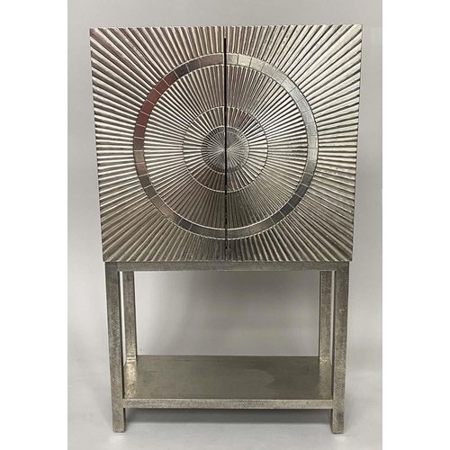 330 - COCKTAIL CABINET, 1950s style silvered metal with pair of star burst doors and conforming stand, 90c... 