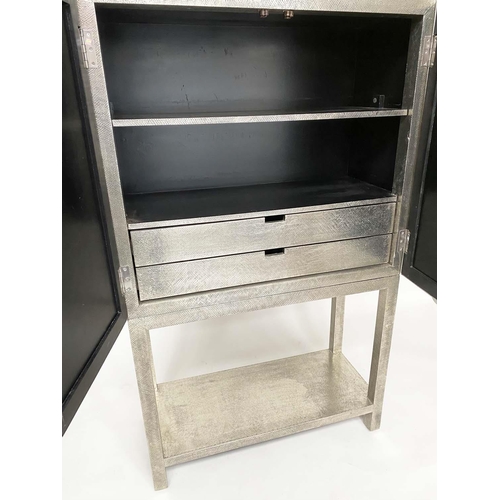 330 - COCKTAIL CABINET, 1950s style silvered metal with pair of star burst doors and conforming stand, 90c... 