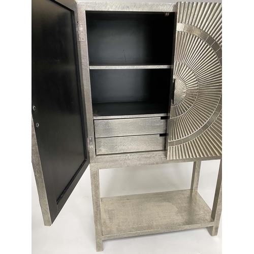 330 - COCKTAIL CABINET, 1950s style silvered metal with pair of star burst doors and conforming stand, 90c... 