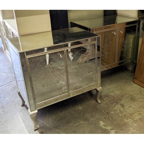 SIDE CABINETS, a pair, 75cm W x 47cm D x 78cm H, mirrored, with floral detail to doors. (2)