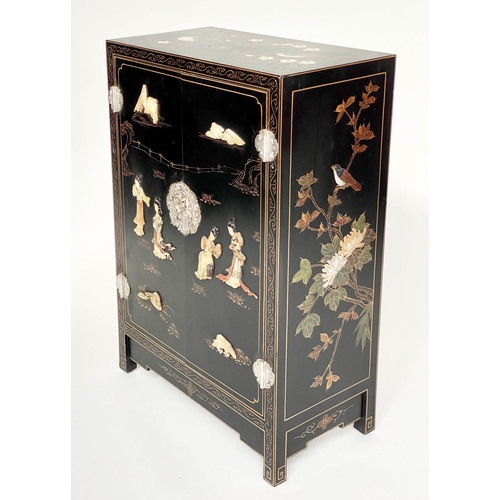 131 - CHINESE SIDE CABINET, Chinese black lacquered and gilt Chinoiserie decorated with two doors and silv... 