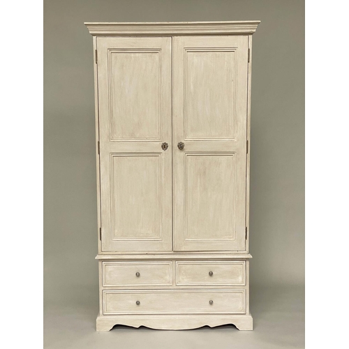 134 - ARMOIRE, French style grey painted with two panelled doors enclosing full height hanging space above... 