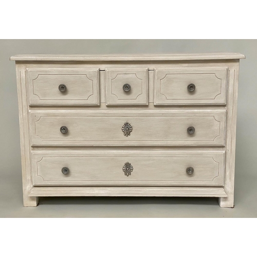 136 - COMMODE by Grange, French Provincial style traditionally grey painted solid oak with three long pane... 