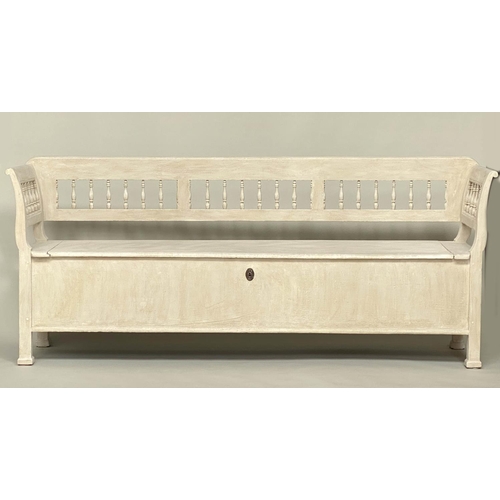 139 - COUNTRY HOUSE HALL BENCH, 19th century Continental grey painted with rail back and hinged seat, 235c... 