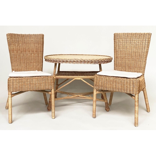 141 - CONSERVATORY TABLE AND CHAIRS, a pair, rattan framed and cane panelled with seat cushions and an ova... 