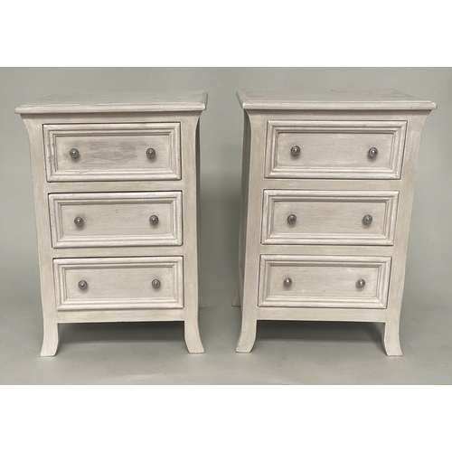 142 - BEDSIDE CHESTS, a pair, French style traditionally grey painted each with three drawers, 51cm W x 40... 