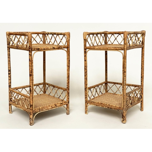 143 - BAMBOO LAMP TABLES, a pair, woven cane panelled each with two tiers, 31cm x 31cm x 56cm. (2)