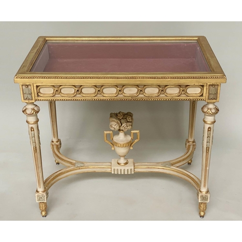 147 - BIJOUTERIE TABLE, French Louis XVI style giltwood and painted with glazed rising lid, fluted support... 