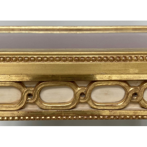 147 - BIJOUTERIE TABLE, French Louis XVI style giltwood and painted with glazed rising lid, fluted support... 