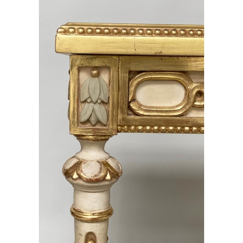 147 - BIJOUTERIE TABLE, French Louis XVI style giltwood and painted with glazed rising lid, fluted support... 