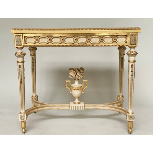 147 - BIJOUTERIE TABLE, French Louis XVI style giltwood and painted with glazed rising lid, fluted support... 