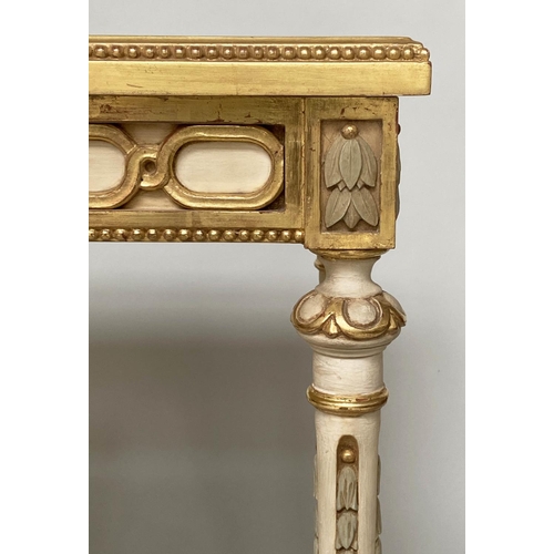 147 - BIJOUTERIE TABLE, French Louis XVI style giltwood and painted with glazed rising lid, fluted support... 