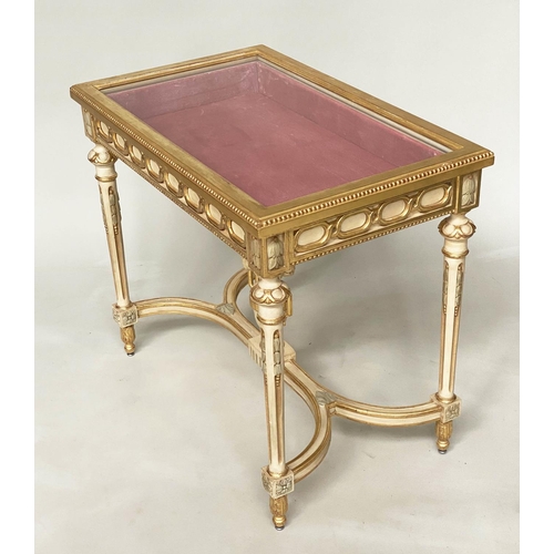 147 - BIJOUTERIE TABLE, French Louis XVI style giltwood and painted with glazed rising lid, fluted support... 