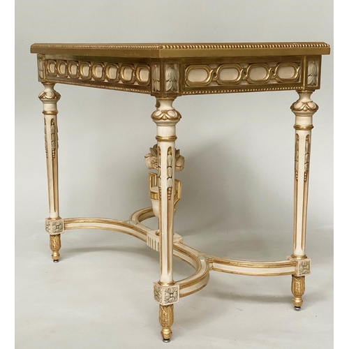 147 - BIJOUTERIE TABLE, French Louis XVI style giltwood and painted with glazed rising lid, fluted support... 