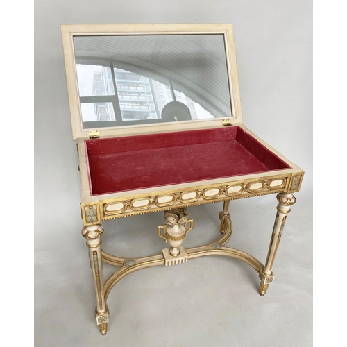 147 - BIJOUTERIE TABLE, French Louis XVI style giltwood and painted with glazed rising lid, fluted support... 