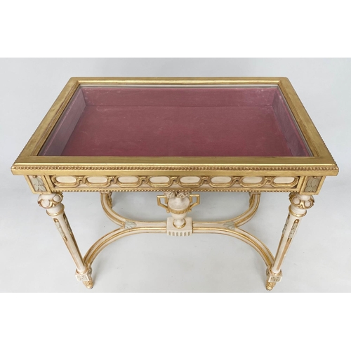 147 - BIJOUTERIE TABLE, French Louis XVI style giltwood and painted with glazed rising lid, fluted support... 