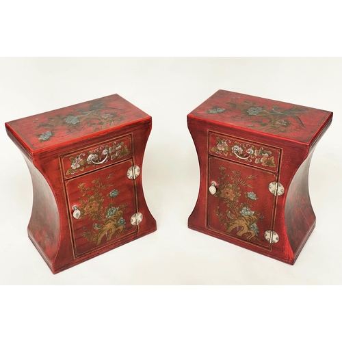 157 - CHINESE CABINETS, a pair, scarlet lacquered and gilt Chinoiserie decorated, of waisted form, each wi... 