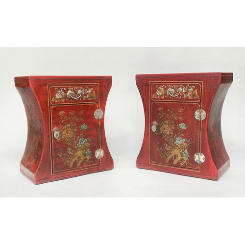 157 - CHINESE CABINETS, a pair, scarlet lacquered and gilt Chinoiserie decorated, of waisted form, each wi... 