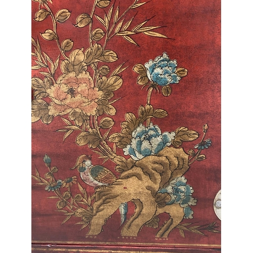 157 - CHINESE CABINETS, a pair, scarlet lacquered and gilt Chinoiserie decorated, of waisted form, each wi... 