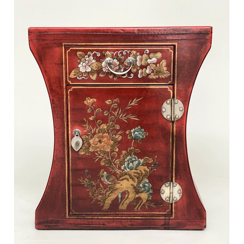 157 - CHINESE CABINETS, a pair, scarlet lacquered and gilt Chinoiserie decorated, of waisted form, each wi... 