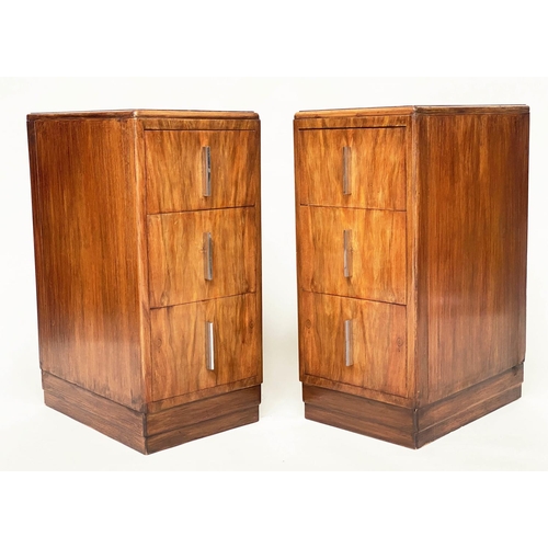 159 - ART DECO BEDSIDE CHESTS, a pair, figured walnut each with three drawers and chromium plated handles,... 