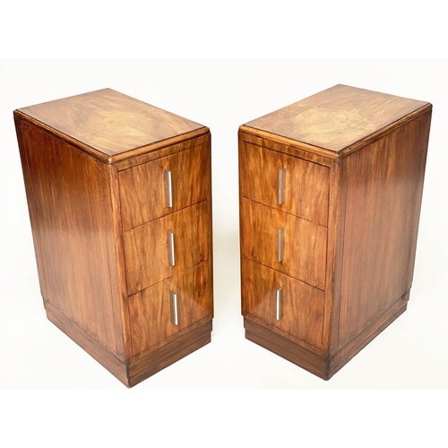 159 - ART DECO BEDSIDE CHESTS, a pair, figured walnut each with three drawers and chromium plated handles,... 