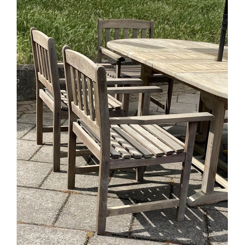 162 - GARDEN EXTENDING TABLE AND CHAIRS, weathered teak rounded rectangular extending with two foldout lea... 