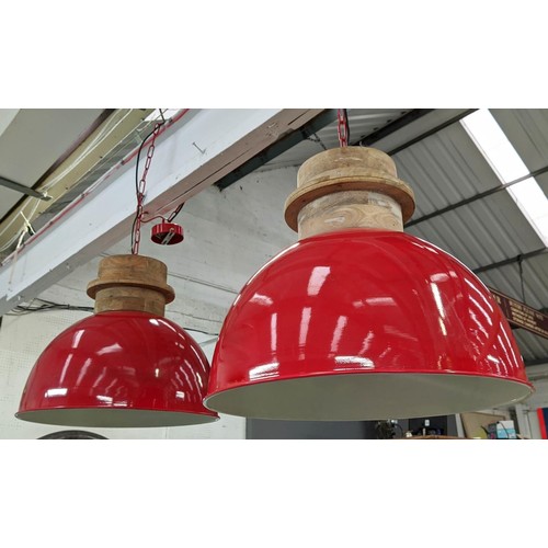 317 - CEILING PENDANT LIGHTS, a pair, each 49cm H x 51cm W, factory style design, red painted finish.