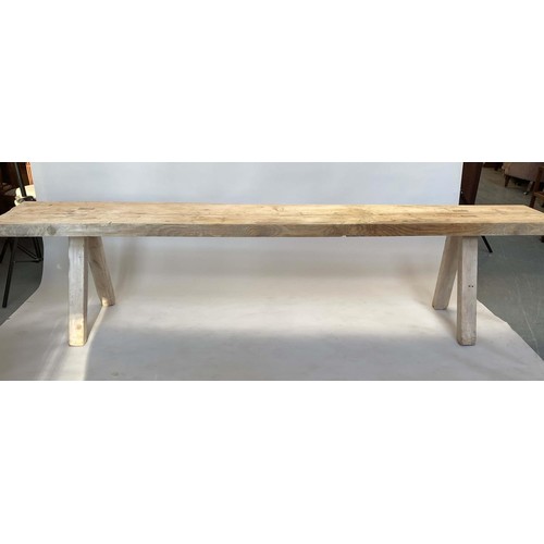 169 - BENCH, 268cm W x 61cm H x 45cm D, 19th century French Provincial pine, rectangular thick top with sp... 