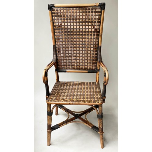 170 - MAPLE & CO ELBOW CHAIR, 51cm W, early 20th century, bamboo and rattan with scroll arms, bears plaque... 