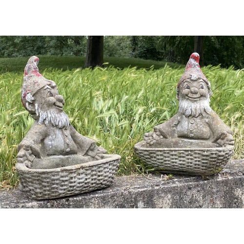 178 - GARDEN GNOME PLANTERS, a pair, weathered reconstituted stone with traces of colour, 35cm W x 41cm H.... 