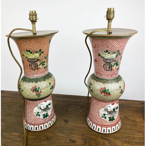 1 - LAMPS, a pair, 20th century Chinese Gu-form with still life vase and table decoration and carp fish ... 