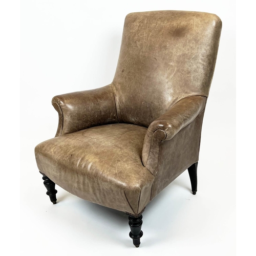 107 - BERGERE, 97cm H x 78cmW, Napoleon III ebonised in tan leather on brass ball castors.