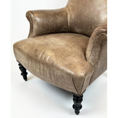 107 - BERGERE, 97cm H x 78cmW, Napoleon III ebonised in tan leather on brass ball castors.