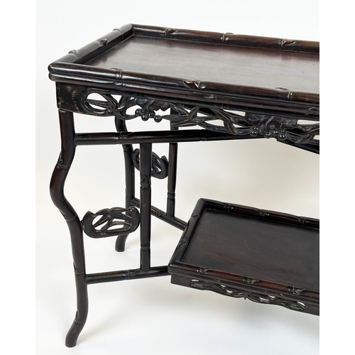110 - TRAY TABLE, 67cm H x 83cm W x 41cm D, 19th century Chinese rosewood, two tier on folding simulated b... 