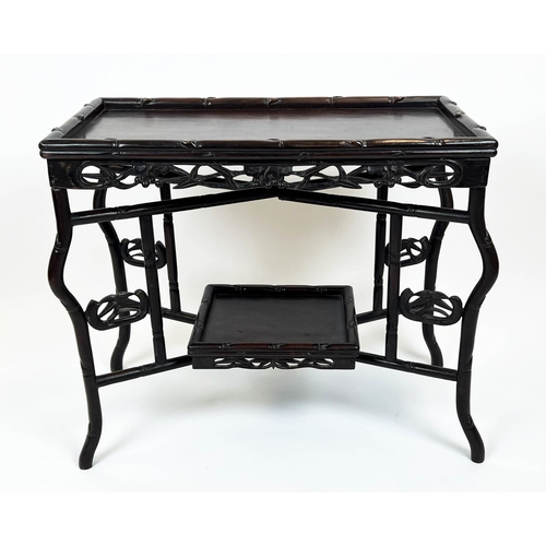 110 - TRAY TABLE, 67cm H x 83cm W x 41cm D, 19th century Chinese rosewood, two tier on folding simulated b... 