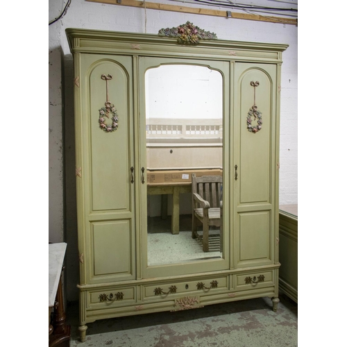 112 - WARDROBE, 230cm H x 169cm W x 65cm D, circa 1900, Louis XVI style green and polychrome painted with ... 