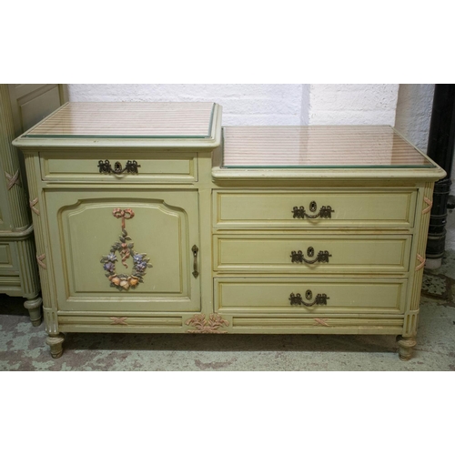 113 - SIDE CABINET, 83CM H x 134cm W x 54cm D, fabric lined and glass covered top above four drawers and d... 