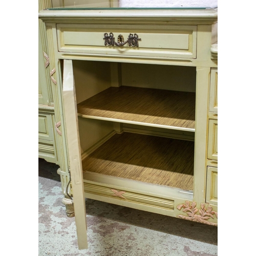 113 - SIDE CABINET, 83CM H x 134cm W x 54cm D, fabric lined and glass covered top above four drawers and d... 