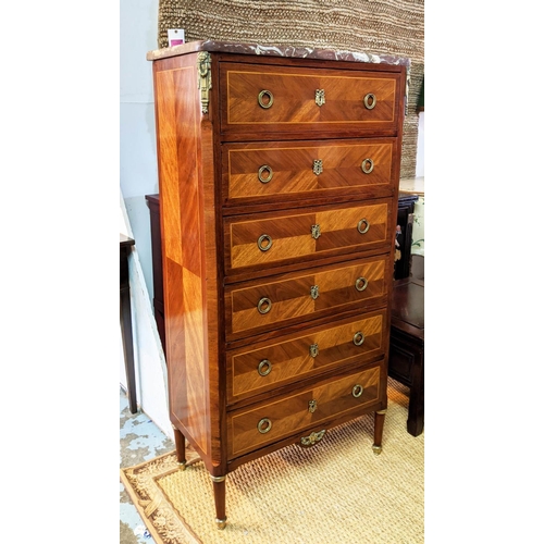 122 - TALL COMMODE, 71cm W x 37cm D x 136cm H, early 20th century French bois satine and brass mounted, th... 