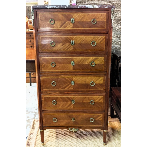 122 - TALL COMMODE, 71cm W x 37cm D x 136cm H, early 20th century French bois satine and brass mounted, th... 