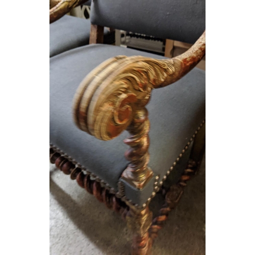 124 - FAUTIEULS, a pair, circa 1880, French giltwood, with carved arms and barley twist supports, grey uph... 