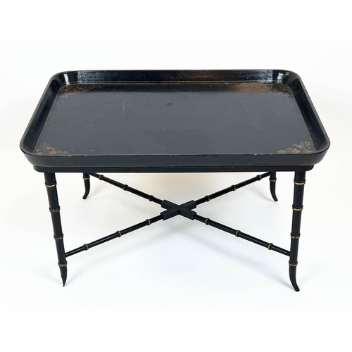 174 - TRAY TABLE, 50cm H x 82cm W x 57cm D, 19th century black Japanned papier mâché on later ebonised san... 